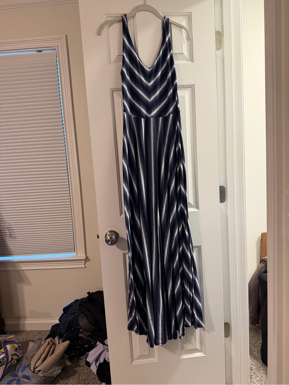 Sleeveless Navy and White Chevron Maxi Dress